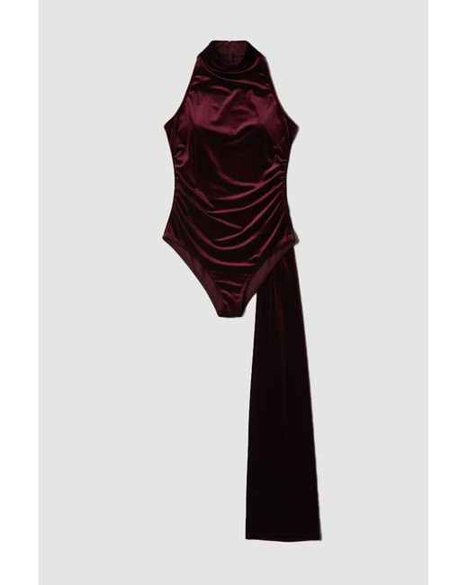 Karen Millen Red Stretch Velvet High Neck Cape Shoulder Bodysuit