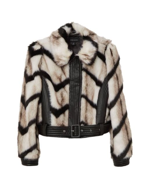 Karen Millen Multicolor Plus Size Faux Fur Pu Panelled Stripe Belted Cropped Jacket