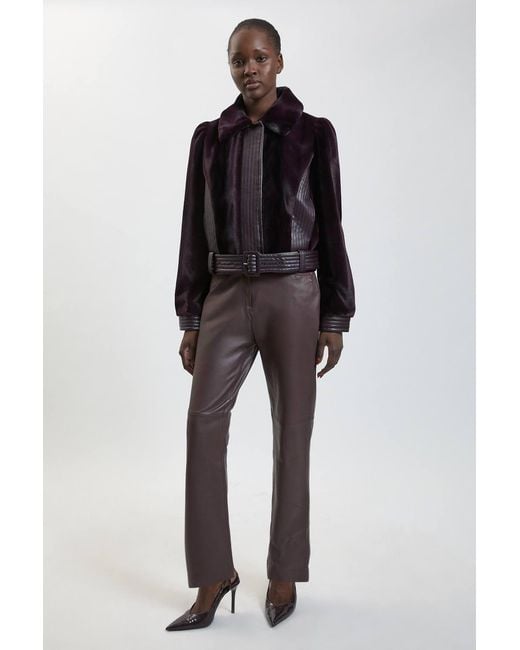 Karen Millen Black Faux Fur Pu Panelled Belted Cropped Jacket