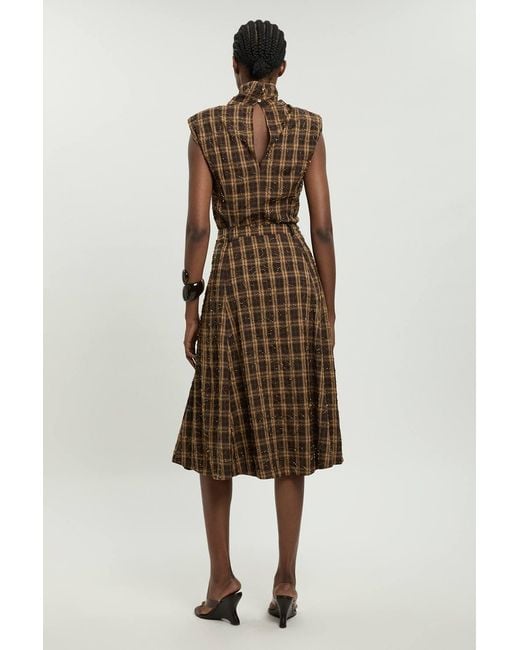 Karen Millen Natural Beaded Check Print Midi Skirt