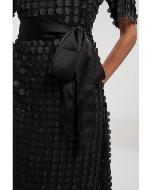 Karen Millen Black Textured Georgette With Satin Collared Shirt Midi Woven Dress