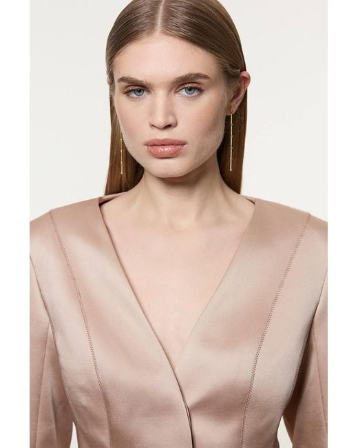 Karen Millen Natural Structured Viscose Satin Stitch Detail Tailored Peplum Blazer