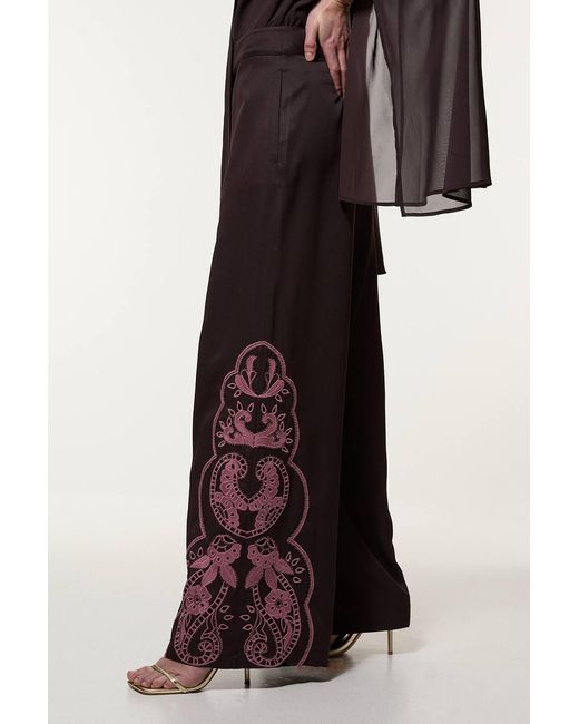 Karen Millen Brown Tall Cutwork Beaded Twill Wide Leg Woven Trouser