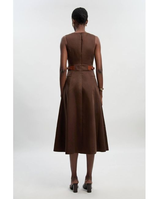 Karen Millen Brown Tailored Linen Tab Waist Detail Full Skirt Midi Dress
