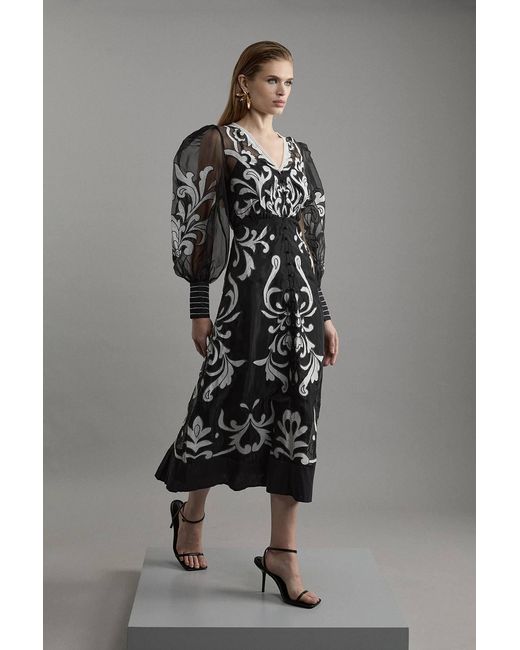 Karen Millen Gray Petite Applique Organdie Buttoned Woven Midi Dress