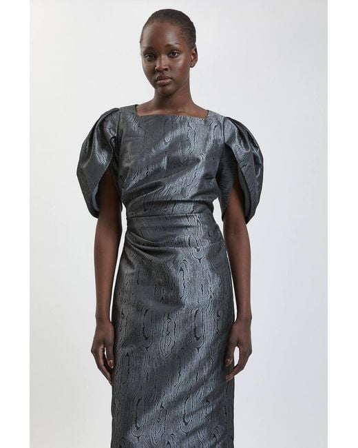 Karen Millen Metallic Petite Taffeta Twill Puff Sleeve Midi Dress