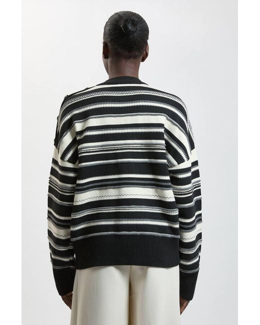 Karen Millen Gray Cotton Stripe Military Button Knitted Jumper