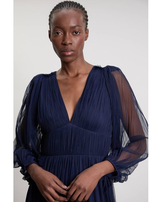 Karen Millen Blue Tulle Layered Long Sleeve Maxi Dress