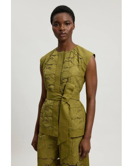 Karen Millen Green Cutwork Cotton Tie Detail Woven Top