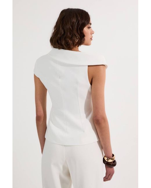 Karen Millen White Clean Tailored Asymmetric Collar Belted Tailored Top