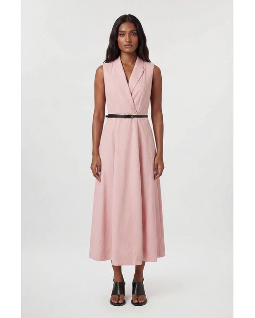 Karen Millen Pink Premium Viscose Linen Tailored Belted Full Skirted Midi Dress