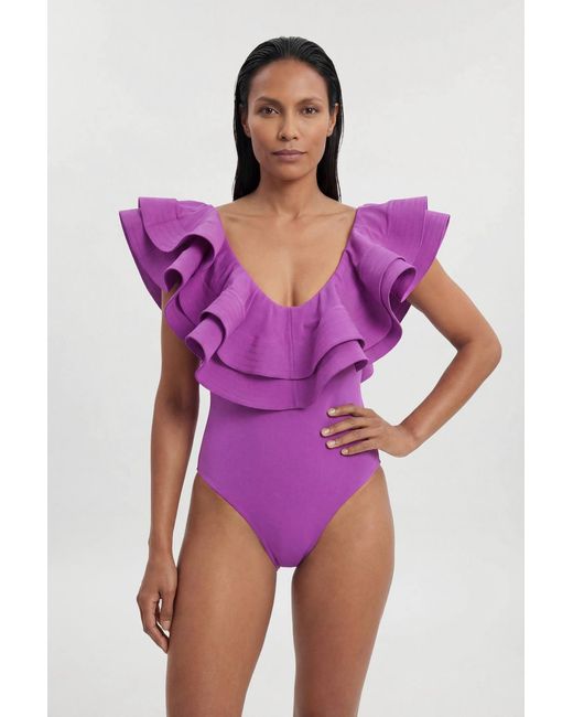 Karen Millen Purple Drama Frill Swimsuit
