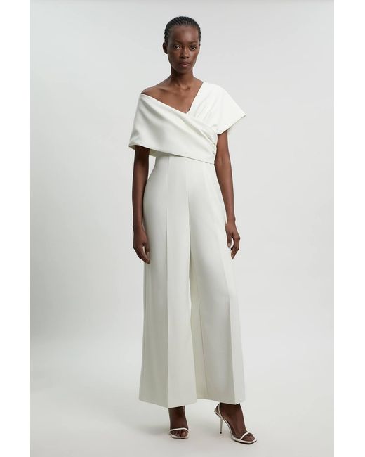 Karen Millen White Compact Viscose Stretch Tailored Off Shoulder Jumpsuit