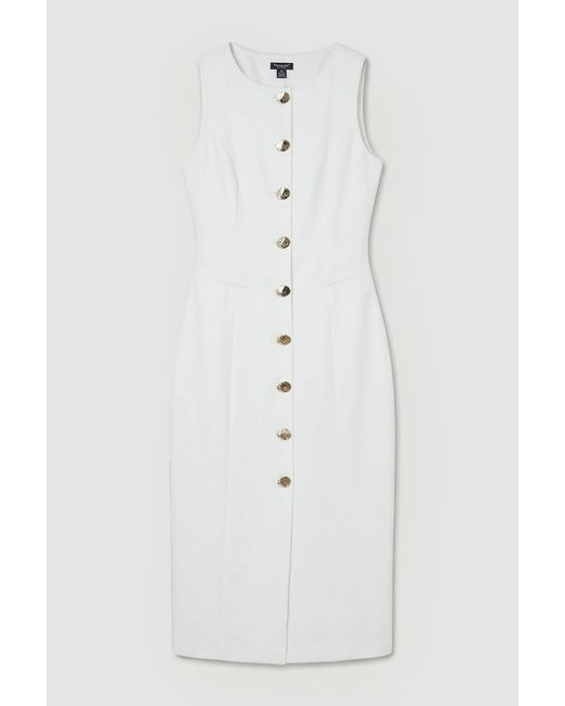 Karen Millen White Petite Compact Essential Button Pencil Midi Dress
