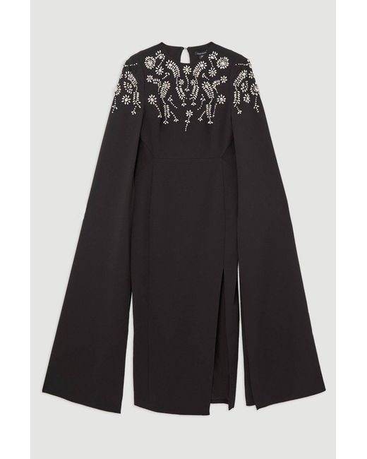 Karen Millen Black Compact Stretch Viscose Crystal Embellished Cape Maxi Dress