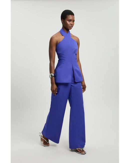 Karen Millen Blue Tailored Cotton Sateen Halter Jumpsuit