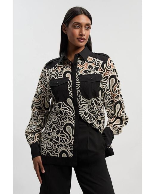 Karen Millen Black Cutwork Pocket Front Woven Shirt