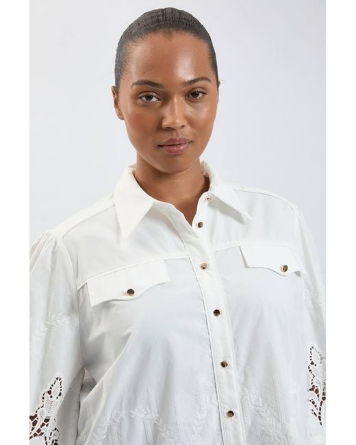 Karen Millen White Plus Size Cotton Cutwork Balloon Sleeve Woven Shirt