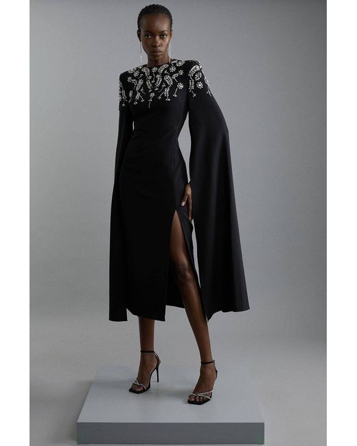 Karen Millen Black Compact Stretch Viscose Crystal Embellished Cape Maxi Dress