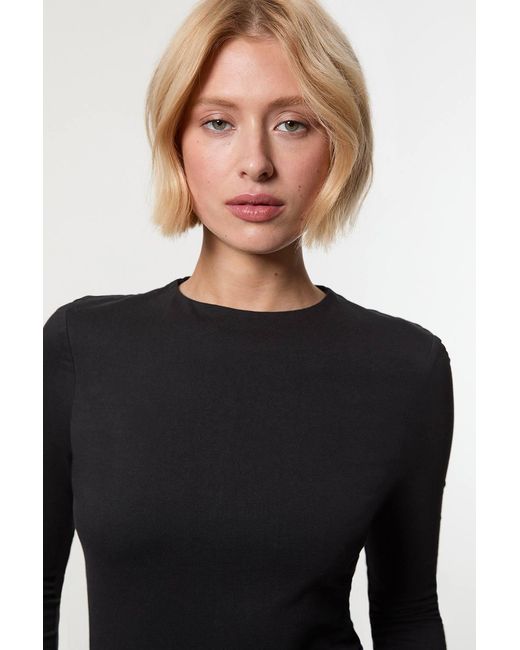 Karen Millen Blue Stretch Cotton Crew Neck Long Sleeve Top