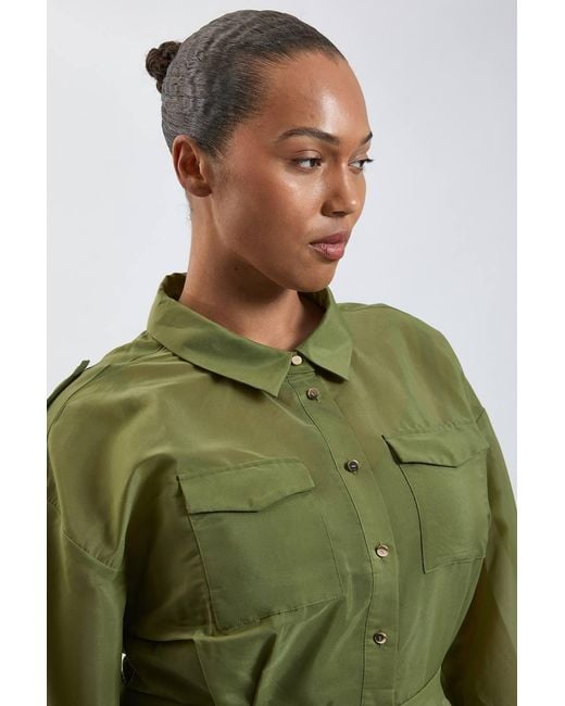Karen Millen Green Plus Size Trim Detail Organdie Midi Shirt Dress