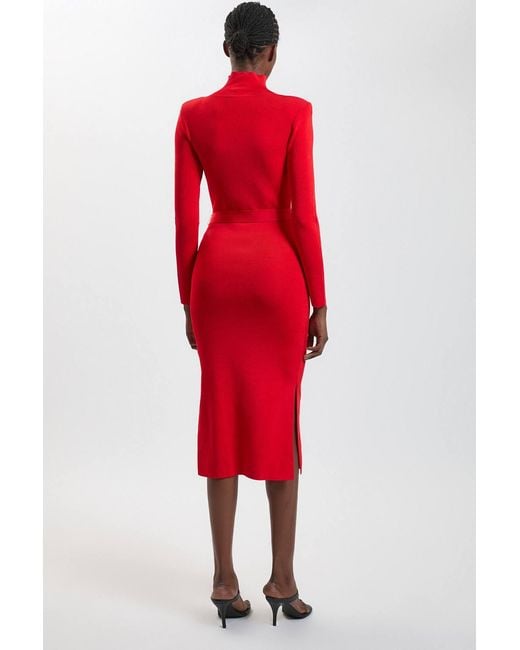 Karen Millen Red Slinky Drape Knit Power Shoulder Funnel Dress