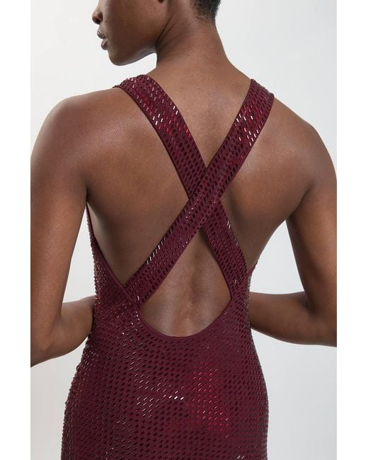 Karen Millen Red Premium Crystal Embellished Cross Back Maxi Dress
