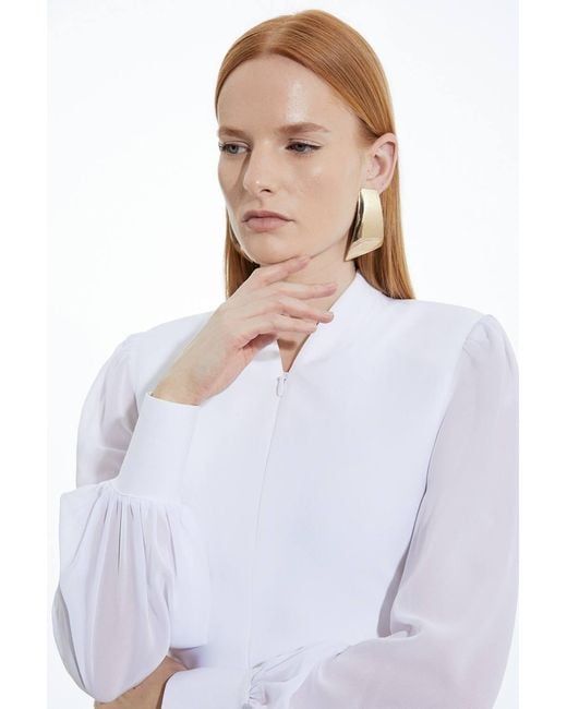 Karen Millen White Bandage Figure Form Zip Detail Chiffon Sleeve Knit Top