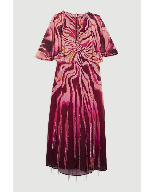Karen Millen Red Animal Print Georgette Embellished Short Sleeve Woven Maxi Dress