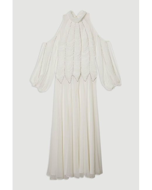 Karen Millen White High Neck Embellished Ruched Georgette Woven Maxi Dress