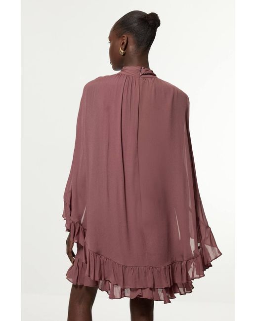 Karen Millen Red Tall Viscose Georgette Cape Woven Mini Dress