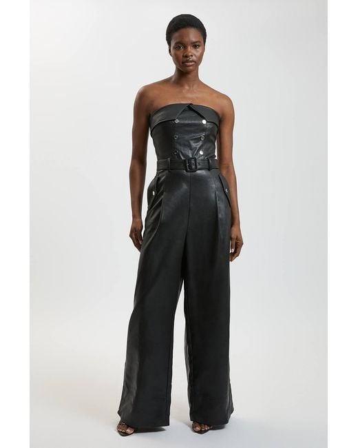 Karen Millen Blue Faux Leather Trench Bandeau Jumpsuit