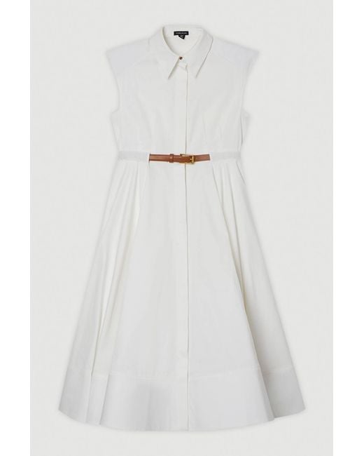 Karen Millen Natural Tailored Cotton Belted Collared Full Midi Dress