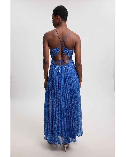 Karen Millen Blue Beaded Embellished Full Maxi Dress