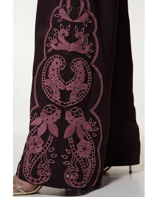 Karen Millen Brown Tall Cutwork Beaded Twill Wide Leg Woven Trouser
