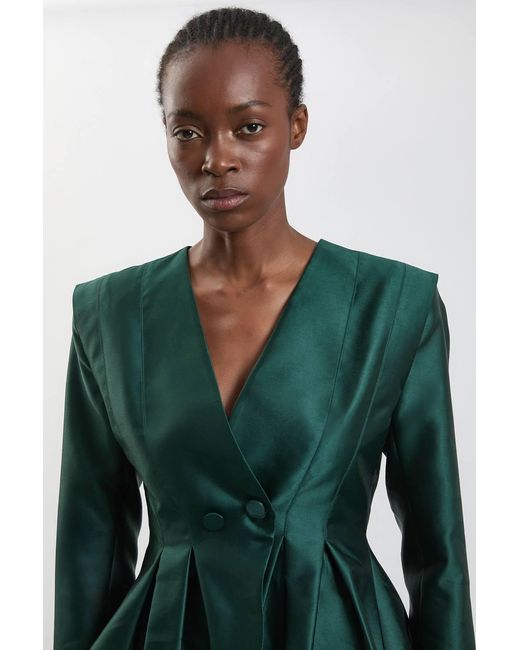Karen Millen Green Structured Satin Peplum Tailored Blazer