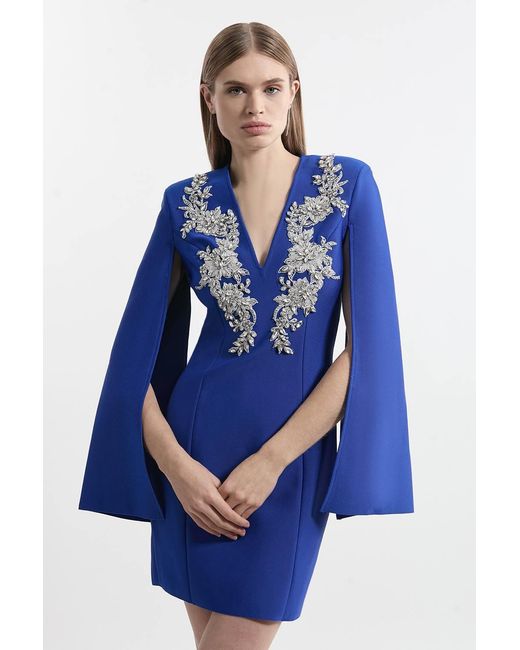 Karen Millen Blue Bandage Form Fitting Cape Sleeve Embellished Mini Dress
