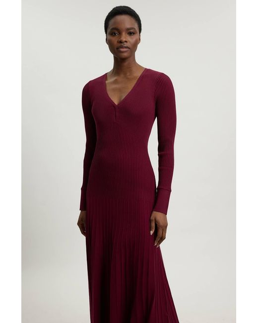Karen Millen Red Knit Pointelle Stitch Detail Midi Dress