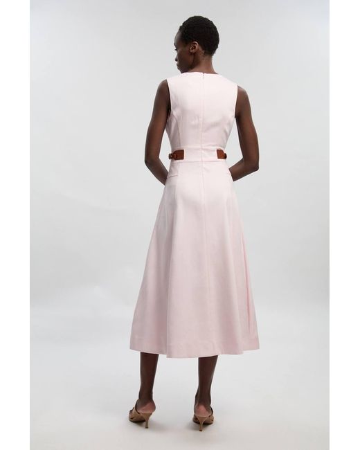 Karen Millen Pink Tailored Linen Tab Waist Detail Full Skirt Midi Dress