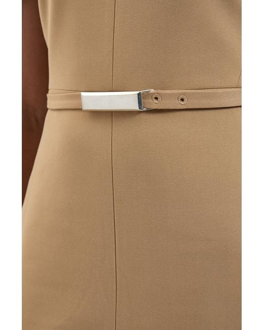 Karen Millen Natural Compact Stretch Tailored Belted Midi Pencil Dress