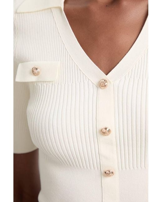 Karen Millen Blue Military Trim Rib Knit Short Sleeve Collared Top