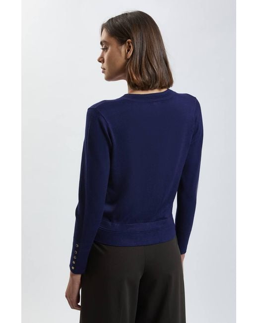 Karen Millen Blue Forever Viscose Blend Knitted Stitch Detail V Neck Long Sleeve Jumper
