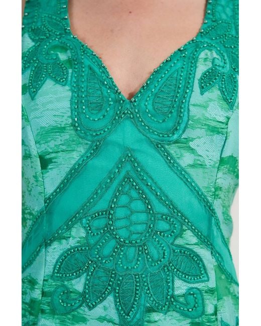 Karen Millen Green Burnout Embellished And Beaded Open Back Woven Maxi Dress