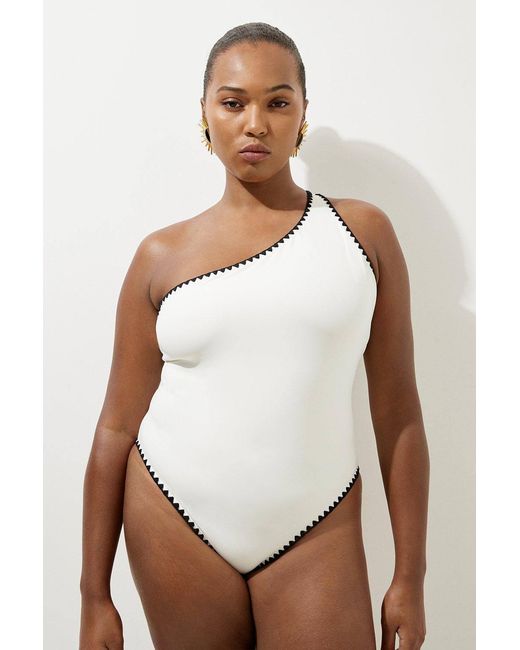 Karen Millen White Plus Size Contrast Stitch One Shoulder Swimsuit
