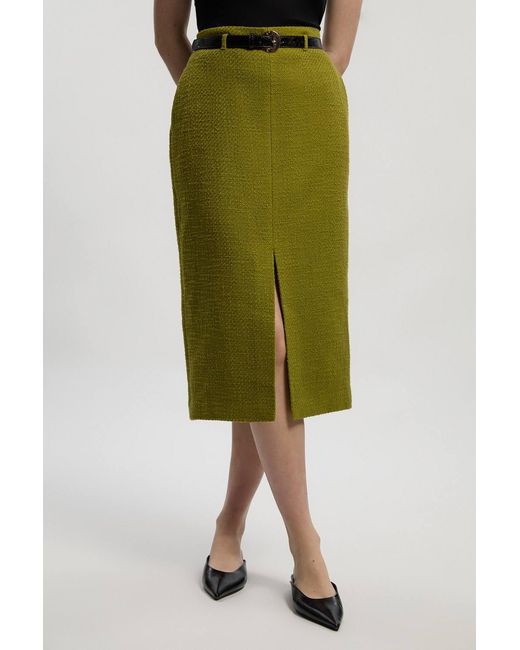 Karen Millen Green Textured Tweed Belted Tailored Pencil Skirt