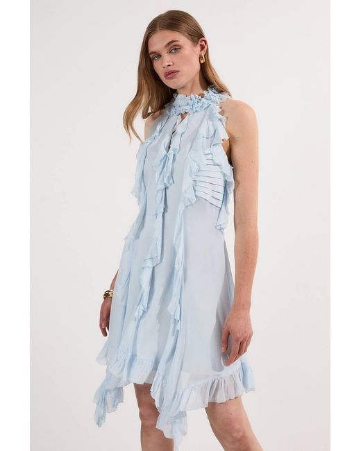 Karen Millen Blue Viscose Georgette Ruffle Halter Neck Woven Top Mini Dress