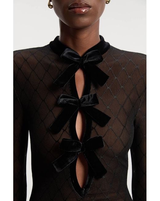 Karen Millen Black Mesh With Velvet Bow Trim Detail Long Sleeve Midi Dress
