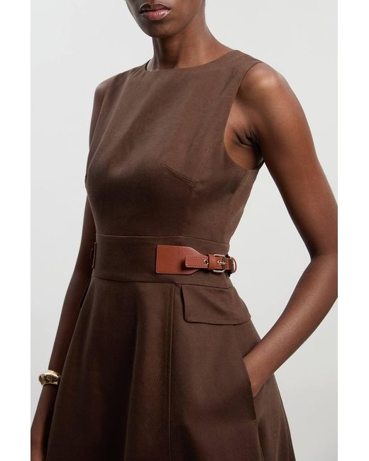 Karen Millen Brown Tailored Linen Tab Waist Detail Full Skirt Midi Dress