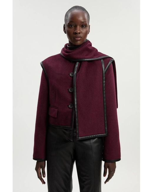 Karen Millen Purple Brushed Wool Pu Mix Detachable Scarf Tailored Crop Coat