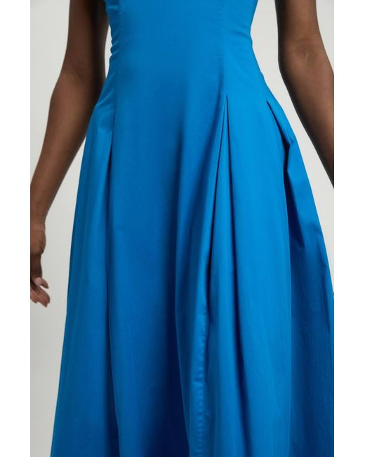 Karen Millen Blue Cotton Sateen V Neck Maxi Dress